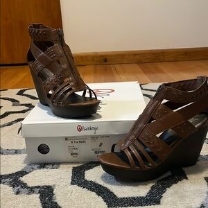 BAMBOO Brown Strappy Wedge Sandals